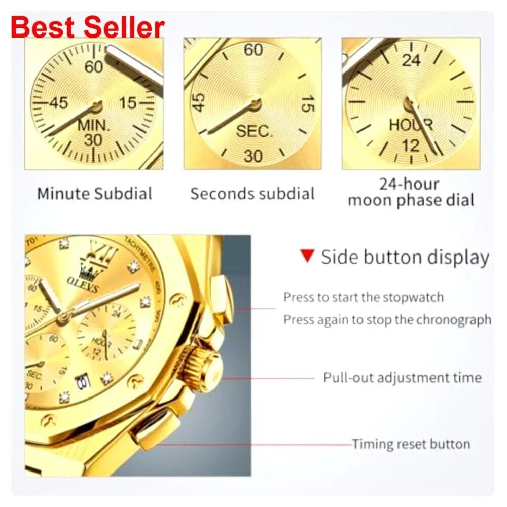 Stainless Steel Analog Chronograph Watch with Date Display and Luminous Hands